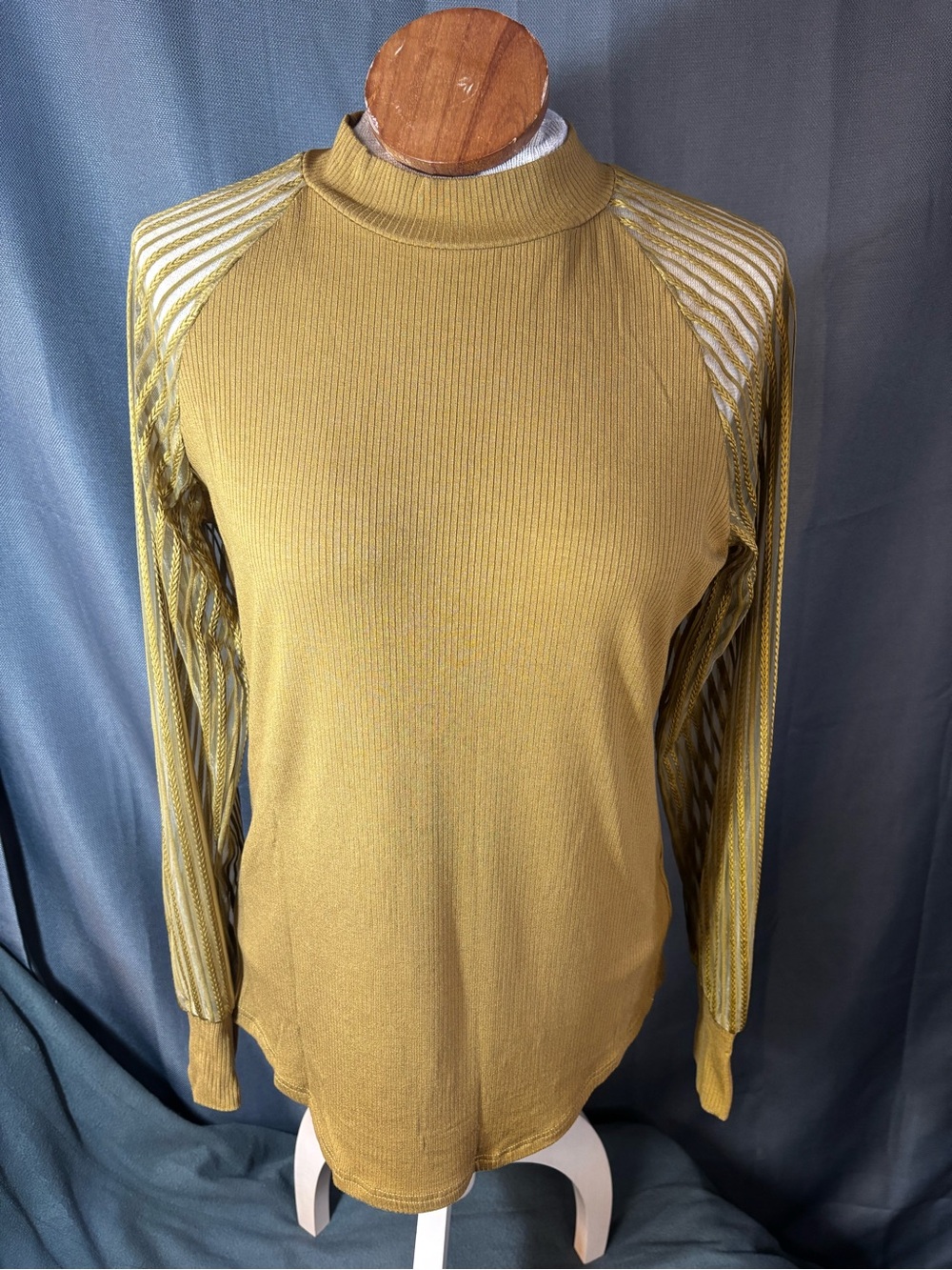 Dokotoo Ribbed Sheer L/S Top ribbed mock-neck spicy golden mustard color Size M